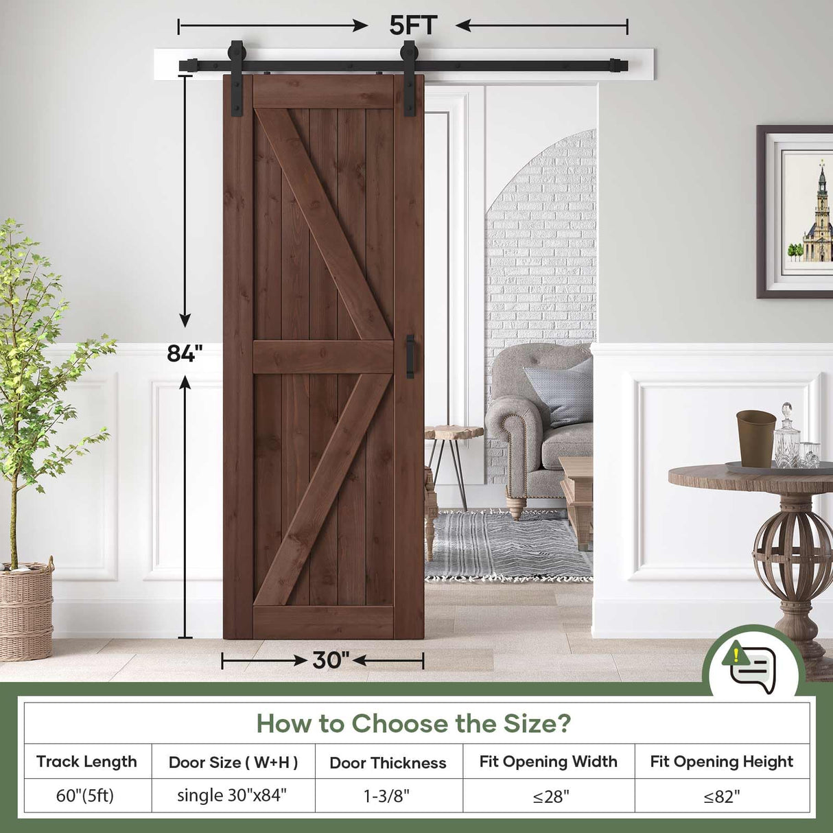 ROYMELO 30x84 inch Sliding Barn Wood Door Slab with 5ft Hardware Kit and Handle, Coffee, K Shape, Simple DIY Assembly ROYMELO