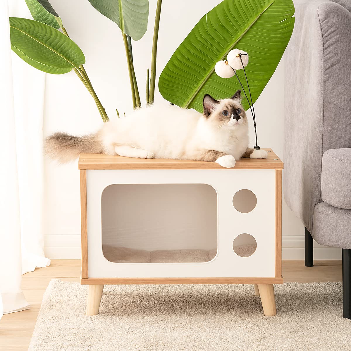 Cat House Wooden Condo Cat Bed Indoor TV-Shaped Sturdy Large Luxury Cat Shelter Furniture with Cushion Cat Scratcher Bell Ball Toys Rolife
