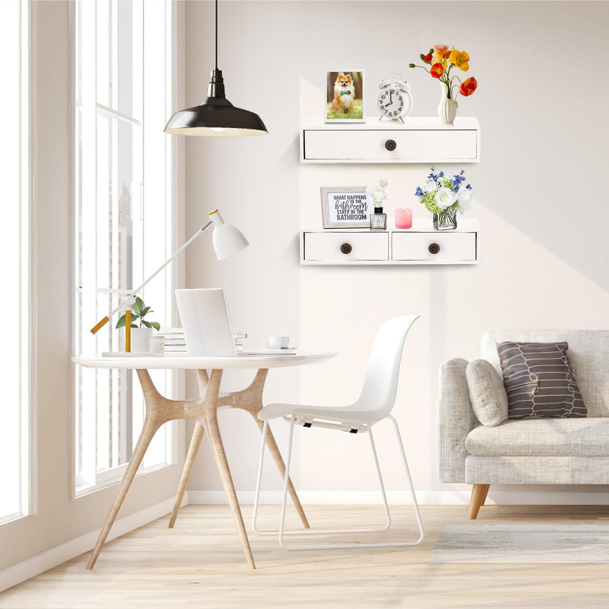 Yesland 2 Packs Floating Nightstand with Drawer - Rustic Wood Floating Wall Mounted Drawers Floating Shelf with Drawer for Living Room, Bedroom, Kitchen, Wall Decor, Storage, Display - White Yesland