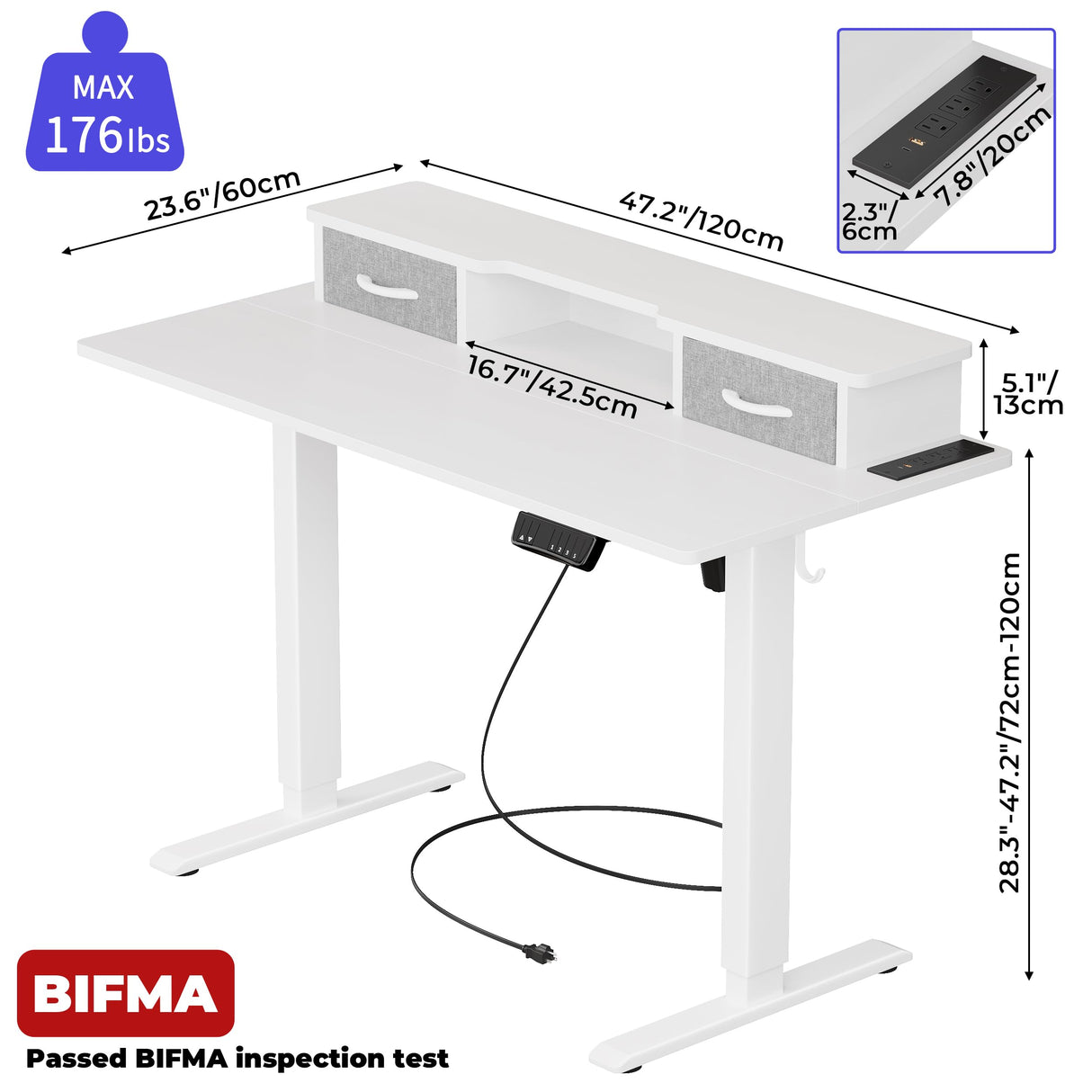 JOISCOPE 48 Inch Electric Standing Adjustable Height Desk with Double Drawer, Home Office Computer Gaming Desk with Storage Shelf and Power Outlets, Sit Stand Desk, White JOISCOPE