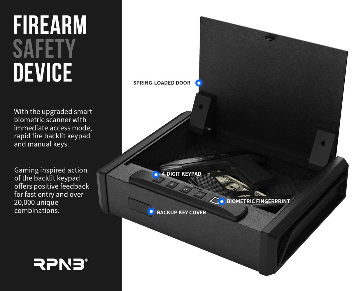 RPNB Gun Safe, Quick Access Gun Safe for Handgun, Pistol Safe with Biometric Fingerprint and Quick Electronic Keypad, Handgun Safe for 2 Pistols and More RPNB