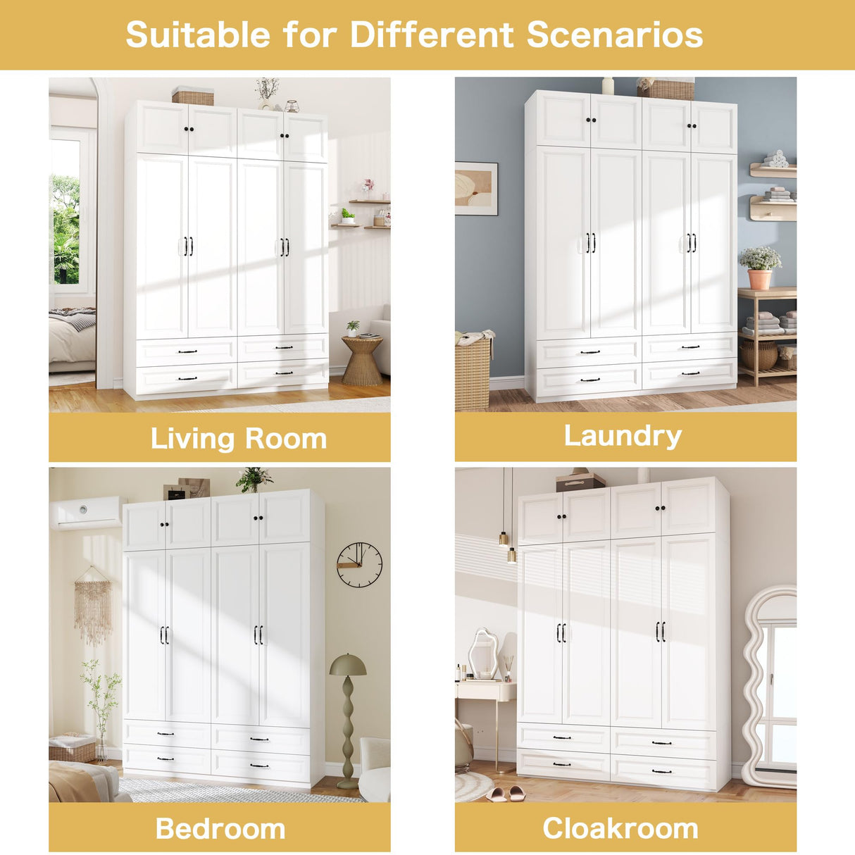 Armoire Wardrobe Closet with Doors: 89" Extra Tall White Wardrobe with Storage on Top, Bedroom Armoires with 4 Doors and 4 Drawers, Large Wood Closet Armoire for Hanging Clothes (B, 63") LABROSKIA