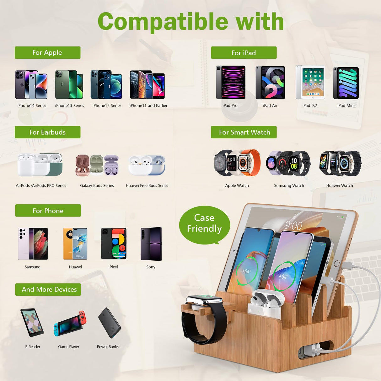 Pezin & Hulin Bamboo Charging Stations, Cell Phone Organizer for Multiple Devices, Tablets, Smart Watch, Included 5 Port USB Charger, Pack 5 Cables Pezin & Hulin