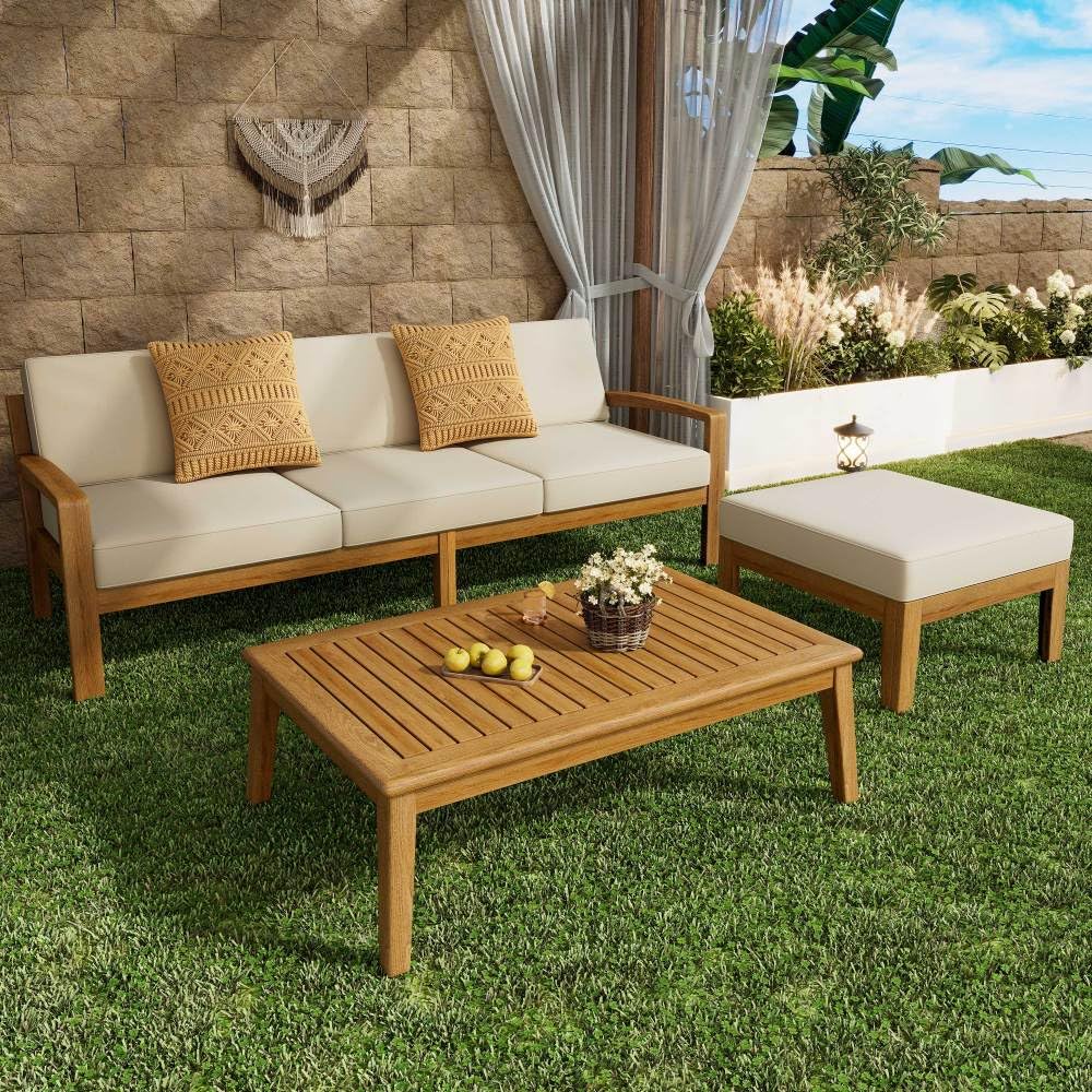 LICOME Patio Furniture Set 3-Piece Sectional Sofa - Acacia Wood Outdoor Furniture with Water-Resistant Cushions - Patio Deals - Garden Outdoor Chairs (Teak+ Beige) LICOME