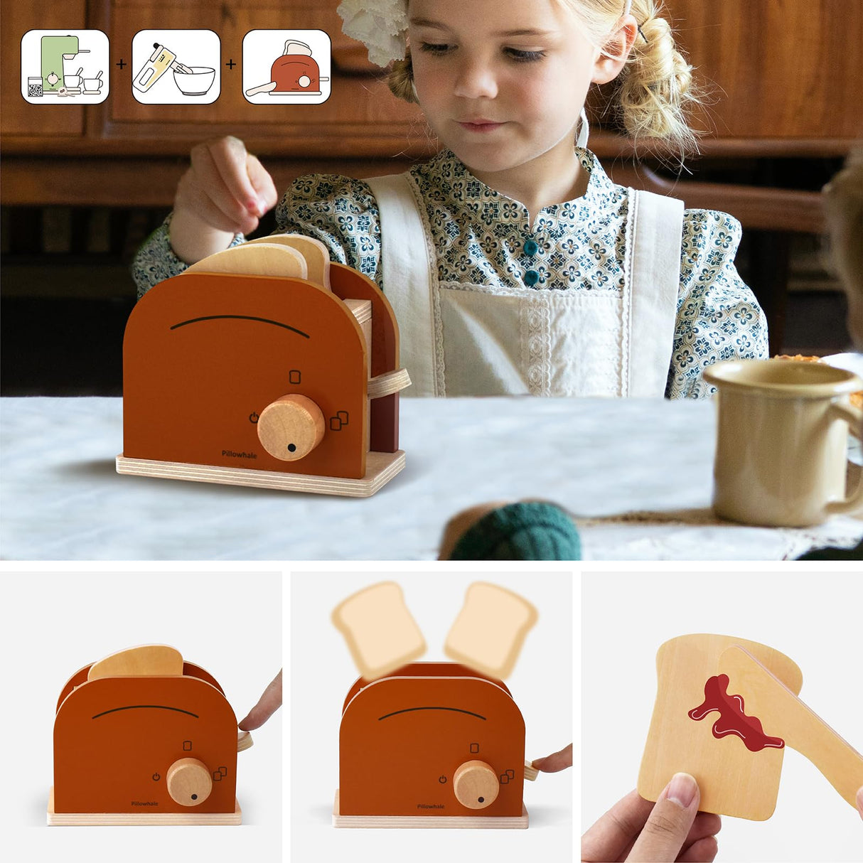 Pillowhale Kids Coffee Maker Playset,Wooden Toy Toaster,Toy Mixer,3-in-1 Kids Kitchen Playset,Pretend Play Kitchen Accessories,Wooden Kitchen Sets for Kids Toddlers Boys Girls Ages 3+ Pillowhale