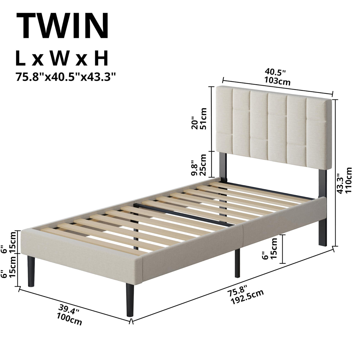 LIKIMIO Twin Bed Frame with Headboard, Modern Upholstered Platform Bed with Headboard and Wood Slat Support, Noise-Free, No Box Spring Required, Beige LIKIMIO