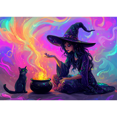 HEIBAGO Halloween Witch Diamond Art Kits for Adults, 5D Full Drill Round Black Cat Painting Gems with Magic Witch Diamond Painting, Diamond Dots Perfect for Home Wall Decor 12x16inch