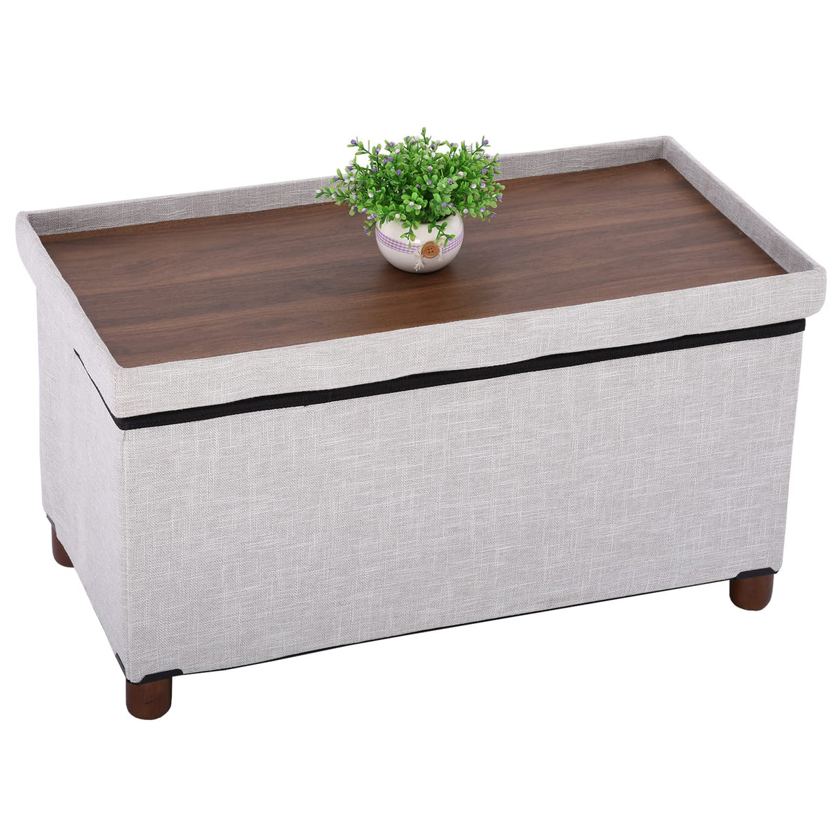 Ao Lei 30 Inches Storage Ottoman Bench with Wooden Legs for Living Room, Folding Foot Rest Removeable Lid for Bedroom End of Bed, Linen Fabric, White Ao Lei