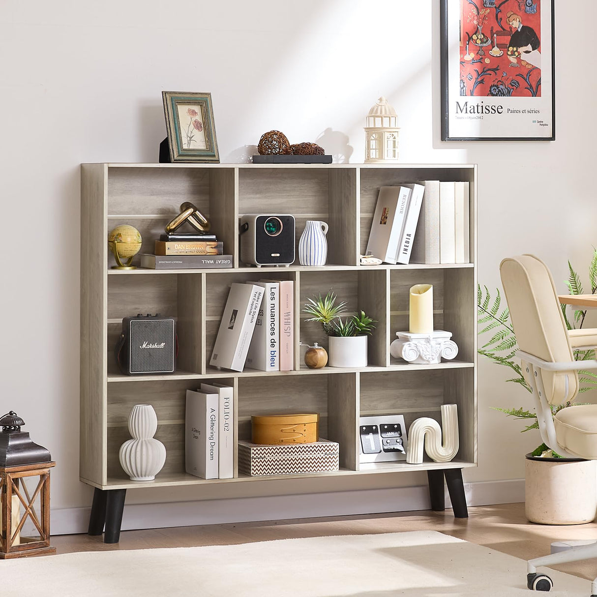 LEYAOYAO 10 Cube Bookshelf,3 Tier Modern Wide Bookcase with Legs,Mid-Century Wood Bookshelves Storage,Retro Grey Large Book Case,Freestanding Organizer Display Shelf for Bedroom,Living Room,Office LEYAOYAO