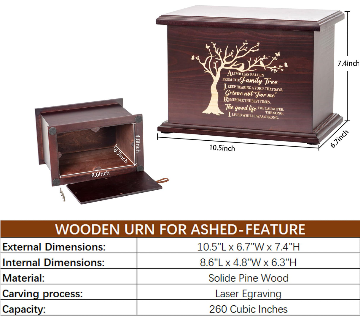 Cremation Urns for Ashes Wooden Urn Memorial Urn for Human Ashes Adult Male Female Large Burial Funeral Wood Urns Keepsake Tree of Life Urn Box and Casket Holds Up to 220 LBS (Horizontal Style 1) PREKIAR