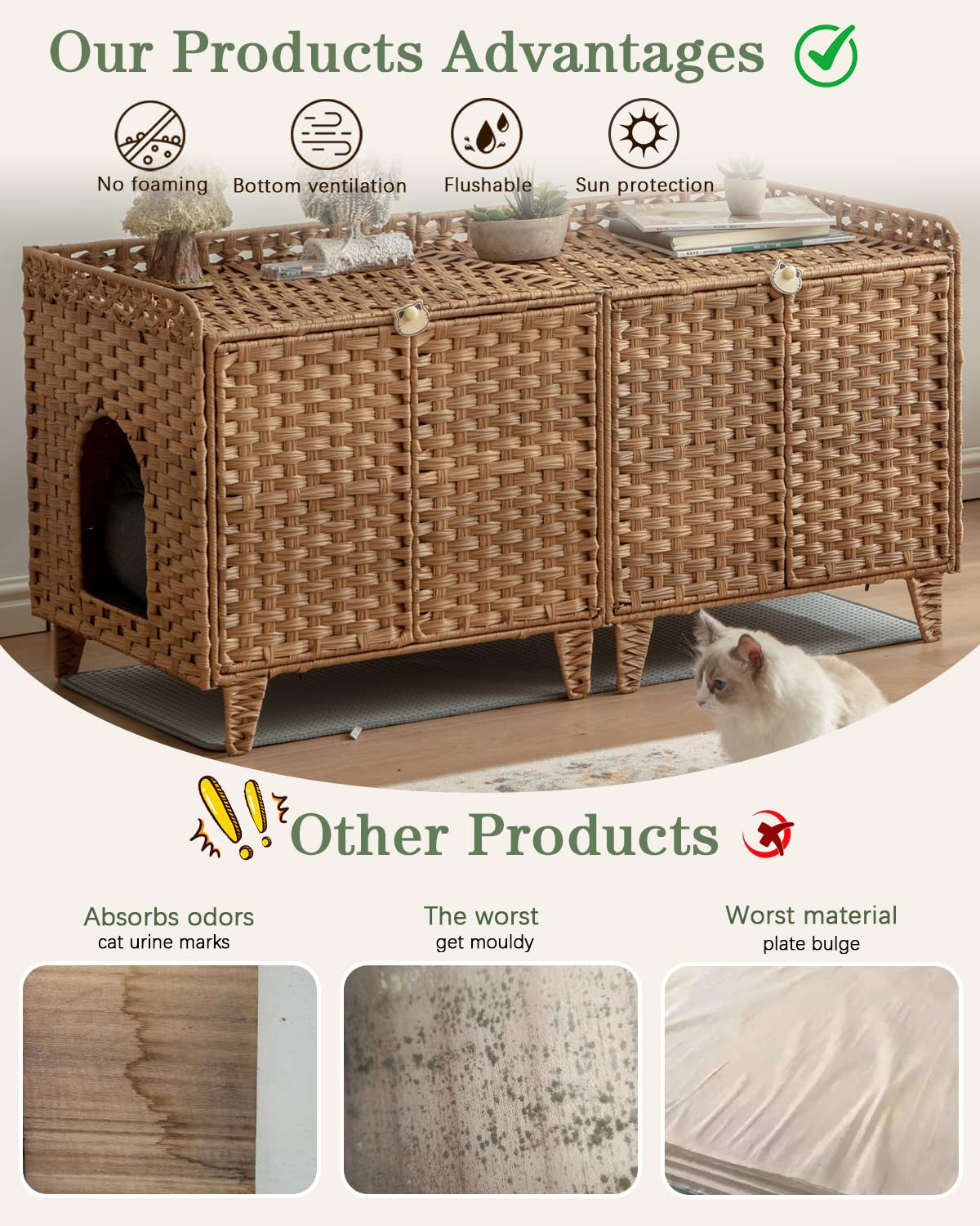 SETVSON Cat Litter Box Enclosure for 2 Cats, Double Litter Box Furniture with Litter Mat, Large Rattan Hidden Kitty Cat House with Double Room and Doors, 2 S-Shaped Hooks, 2 Inch Fence Natural SETVSON