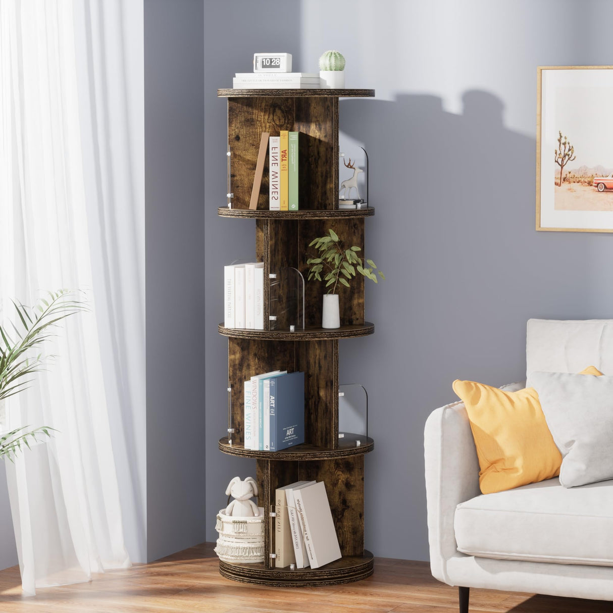 VECELO 4 Tier Revolving Bookshelf Tower, 360° Display Floor Standing Storage Rack with Acrylic Visible Window Partition for Bedroom, Living Room Home and Office, Brown VECELO