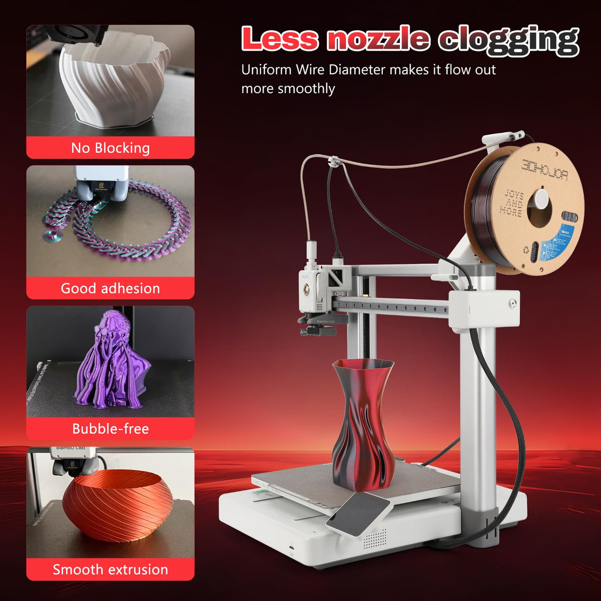 3DHoJor Silk PLA Filament 1.75mm Black Red Dual Color PLA 3D Printer Filament 2 in 1 Coextrusion 1KG Spool(2.2lbs) 3D Printing Filament Dimensional Accuracy +/- 0.03mm 3DHoJor