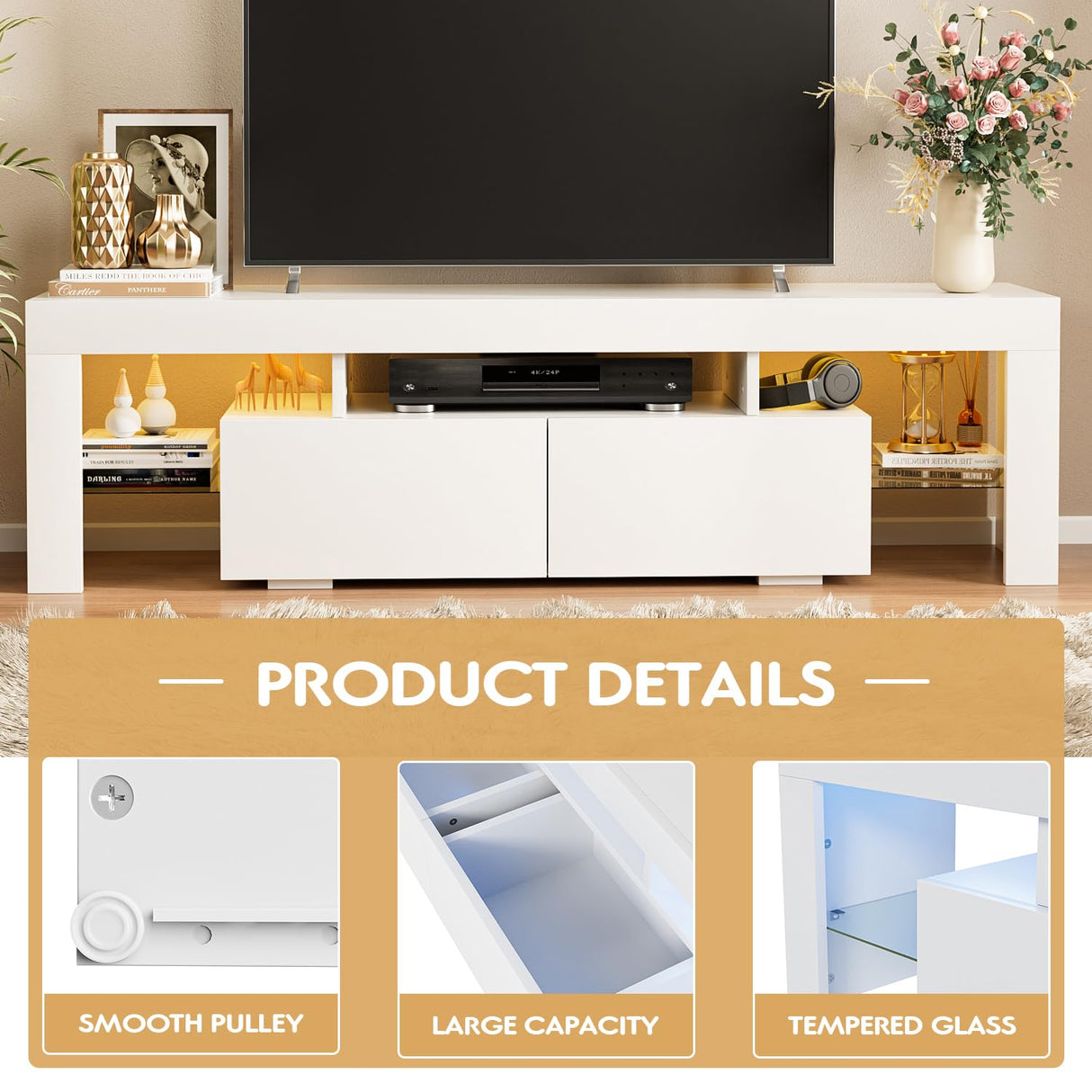 JUMMICO TV Stand, Modern Lighting TV Cabinet Entertainment Center Media and Open Shelf, TV Console Table with 1 Drawer and Remote Control, 20 Color LED Lights up to 70 Inch TV (White) JUMMICO