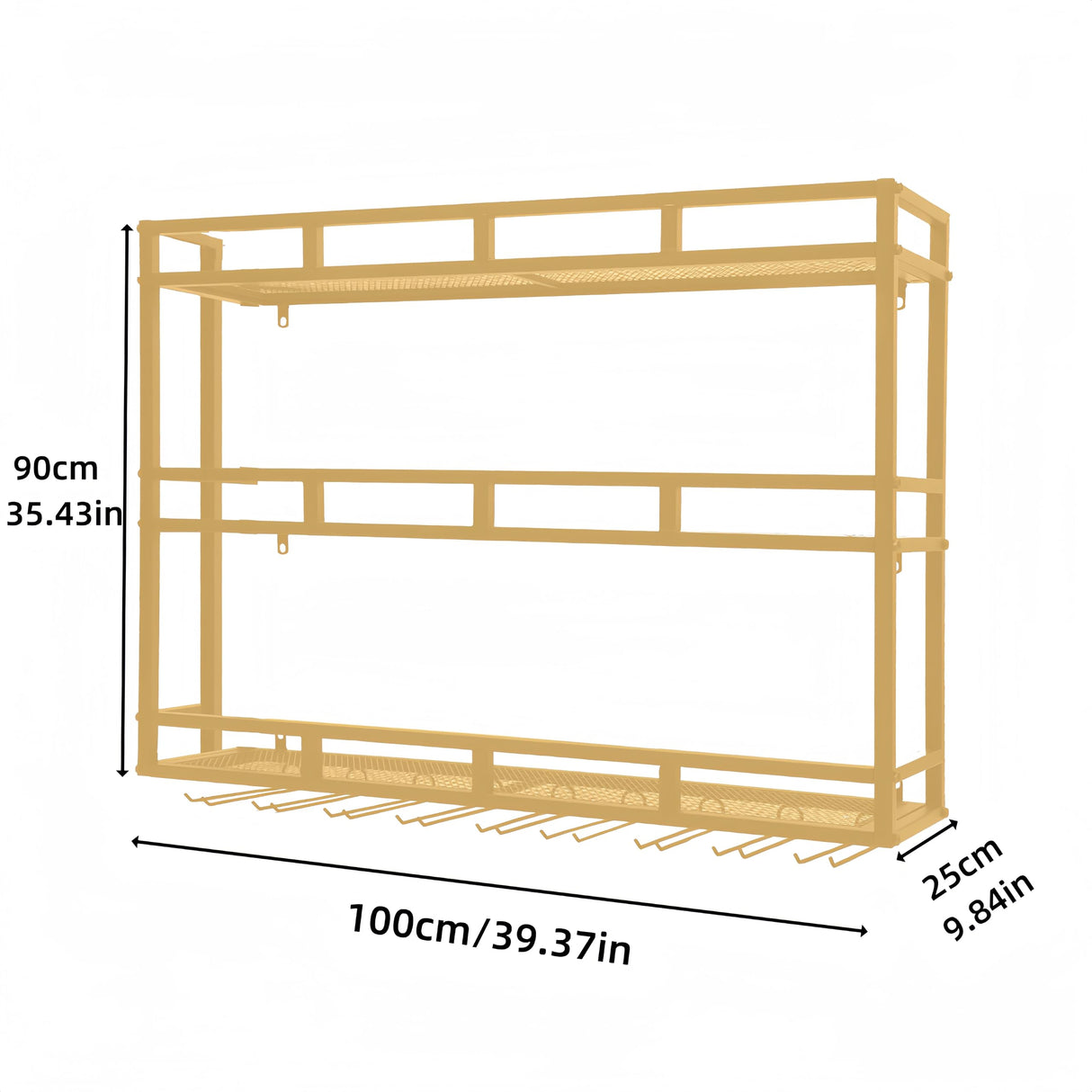 HFTUW Metal Wine Rack Wall Mounted, Bar Shelves for Liquor Bottles with LED Light, 3 Tier Large Capacity Liquor Rack Wall Mounted with Glass Holder for Home Bar & Dining Room (Gold, 39in/100cm) HFTUW