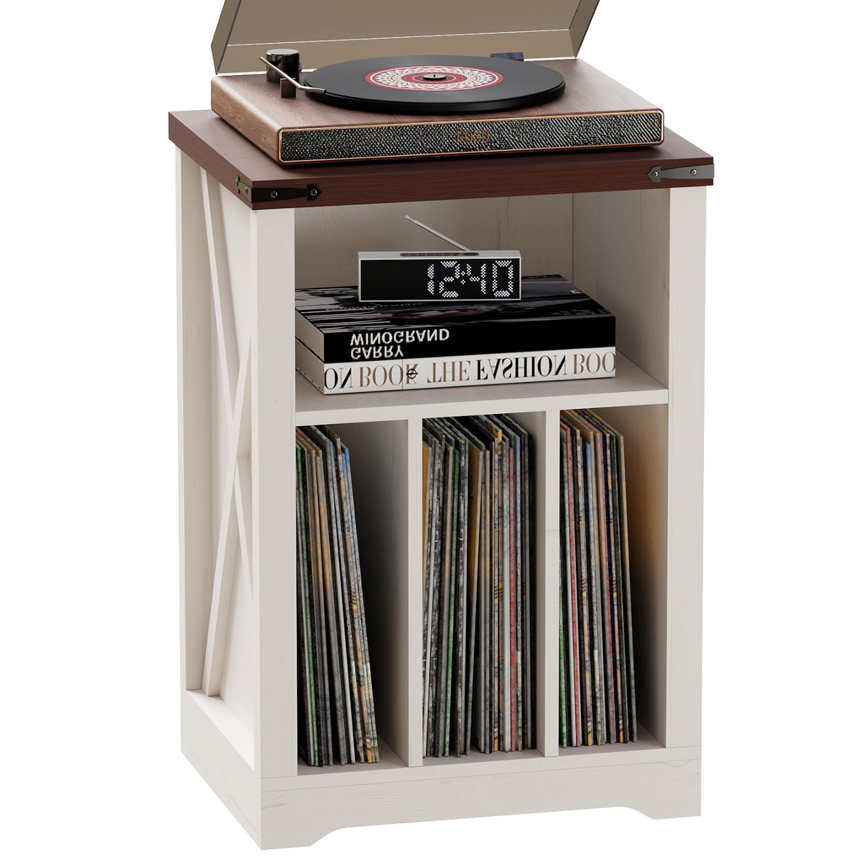 BEWISHOME Record Player Stand, Wood Turntable Stand with Vinyl Record Storage Up to 160 Albums, Farmhouse Record Player Table for Living Room Bedroom, White KCZ01W BEWISHOME