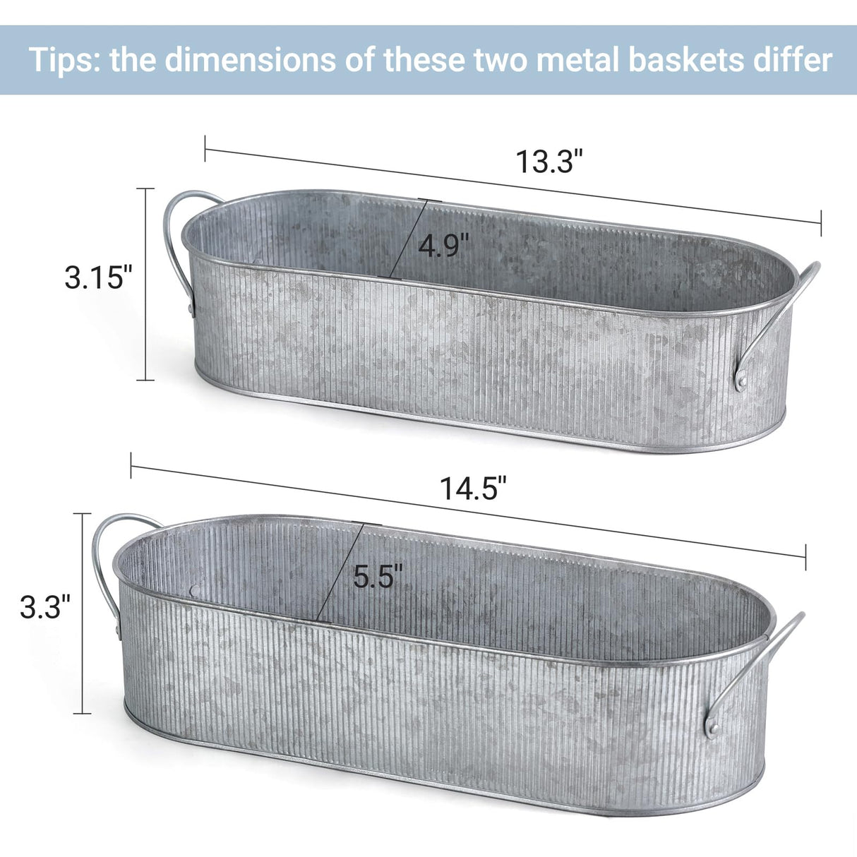 Mkono Metal Storage Basket for Toilet Tank Top Bathroom Decor, Galvanized Tray with Handle for Shelves, Farmhouse Toilet Paper Holder Organizing Bin Box for Countertop Living Room, Set of 2, Silver Mkono
