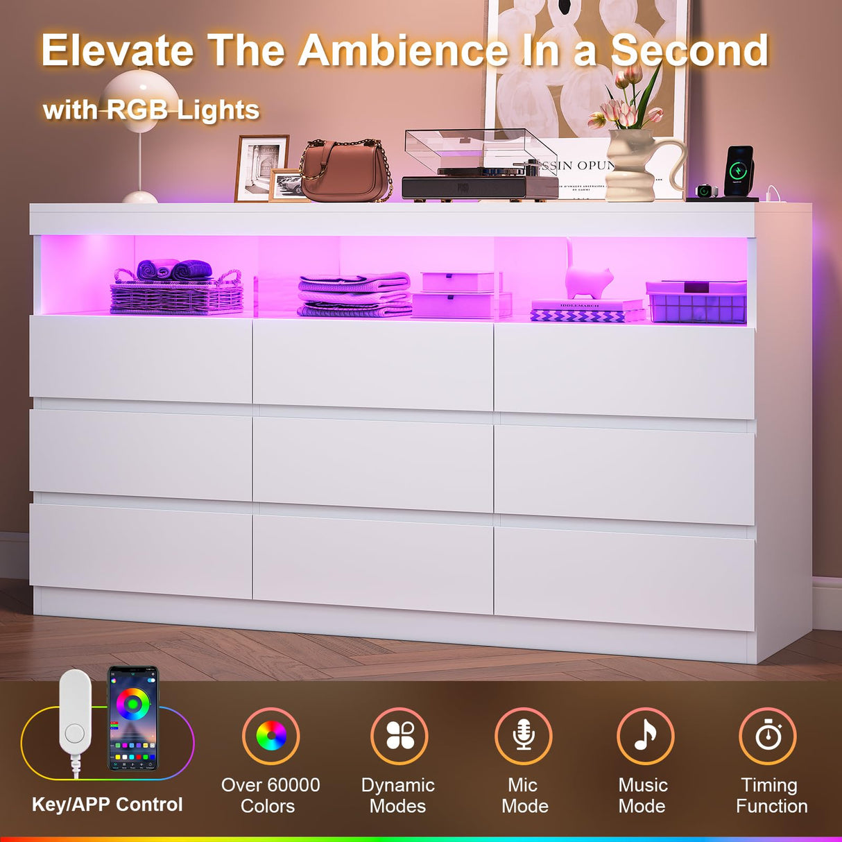 BTHFST 9 Drawer Dresser for Bedroom with Power Outlet & LED Lights, 56.7" W Chest of Drawers with Open Shelves, No-Handle Modern Dresser for Living Room, Entryway, White BTHFST