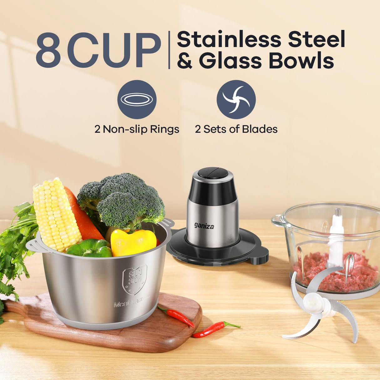 GANIZA Food Processors, Electric Food Chopper with Meat Grinder & Vegetable Chopper - 2 Bowls (8 Cup+8 Cup) with Powerful 450W Copper Motor - Includes 2 Sets of Bi-Level Blades for Fruits/Meat/Nuts Ganiza