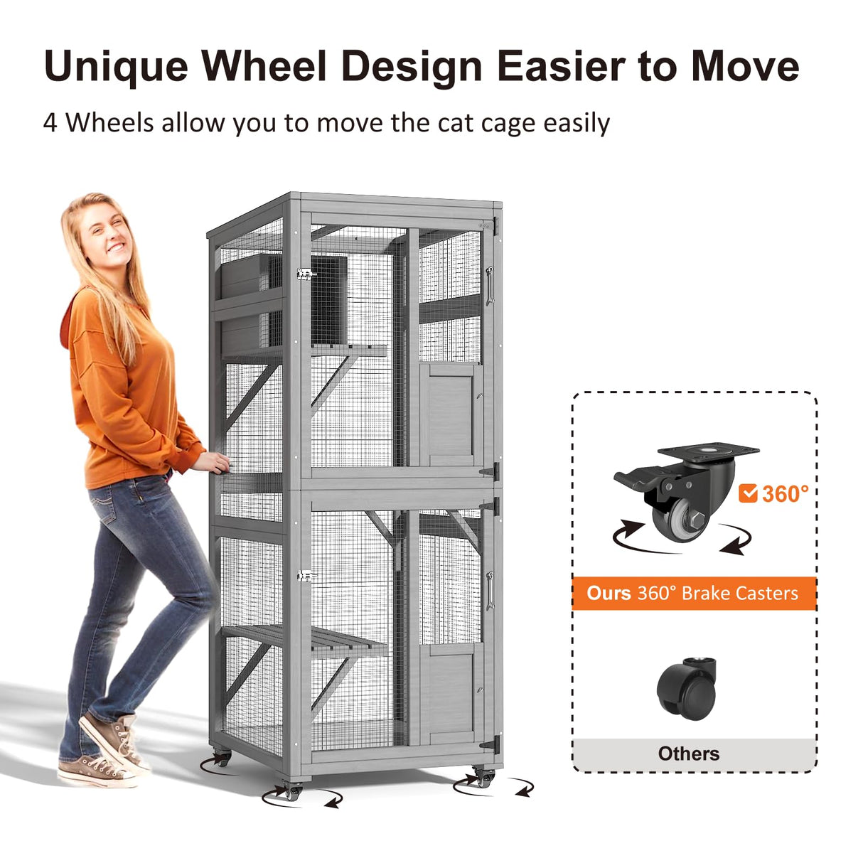 TIMHAKA Cat Catio Outdoor Cat Enclosure, 4 Tiers Cat Playen Catio with Wheels, Resting Box, Sunshine Panel Waterproof Roof, Large Cat House Cage with Removable Wood Bottom and Easy Clean PVC Layer TIMHAKA