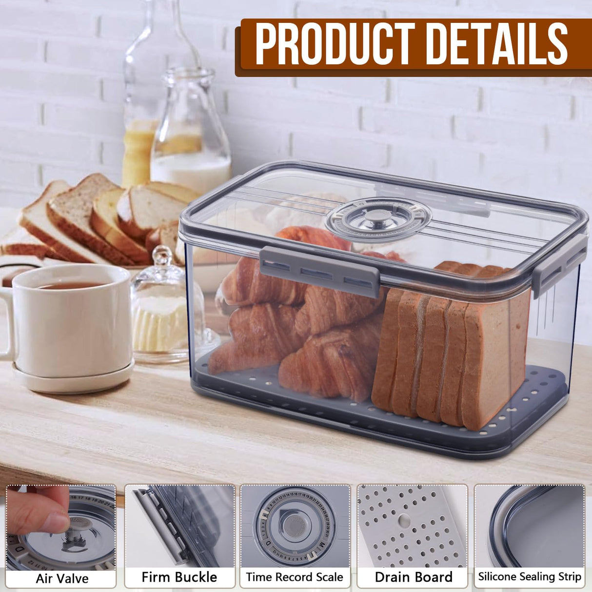 Gifhomfix Bread Box Bread Boxes for Kitchen Counter Airtight, Time Recording Bread Storage Container with Lid, Bread Keeper for Homemade Bread, Toast, Bagel, Donut and Cookies, Grey Gifhomfix