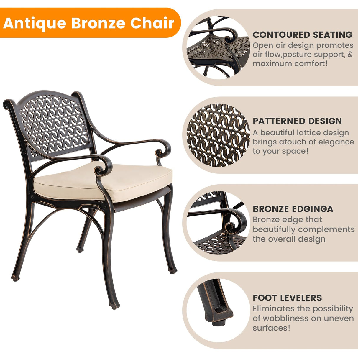 Mazatzal 5-Piece Patio Dining Set, Outdoor All-Weather Cast Aluminum Furniture Set with Umbrella Hole, Outside Table and Chair Set with Cushions, Large Metal Table and Patio Chairs for Patio Garden Mazatzal