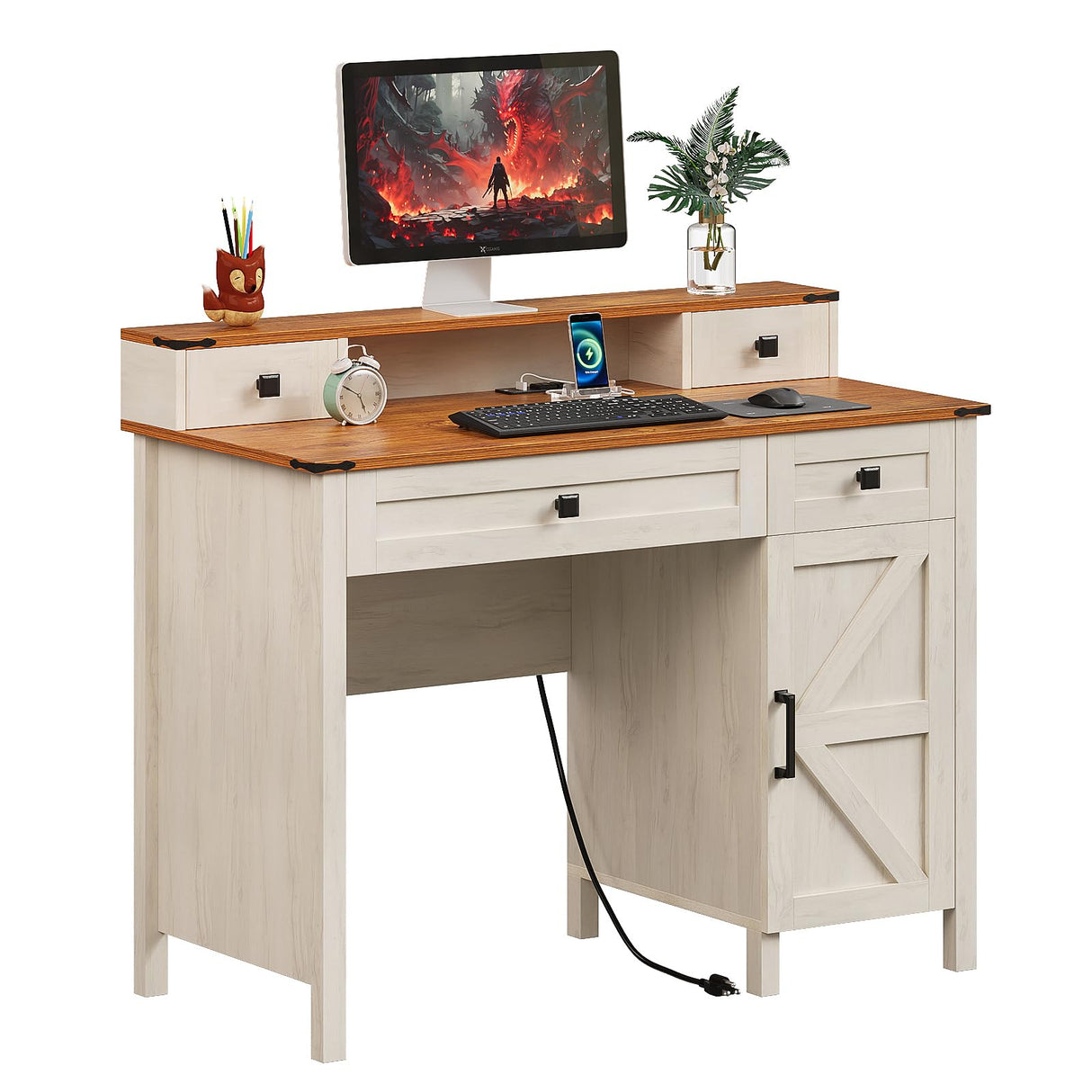 Trironsun Farmhouse Executive Desk with 4 Drawers Charging Station Large Home Office Desk with Storage Cabinet Rustic Computer Writing Desk for Work Study (Antique White) Trironsun