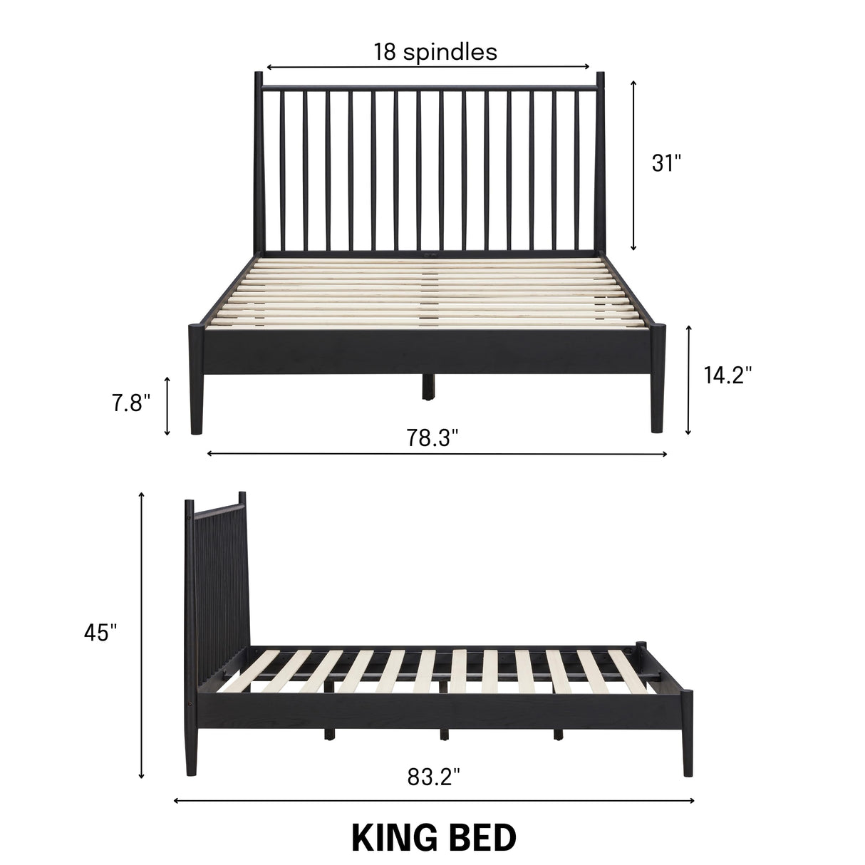 NTC Inno King Wooden Bed Frame with Headboard - Solid Oak & Rubber Wood, Burnt Black Finish NTC