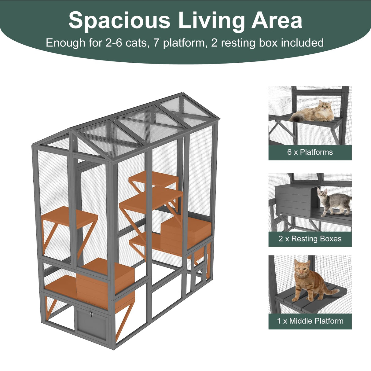 TIMHAKA Catio Outdoor Cat Enclosure, Large Cat House for Winter with Weatherproof Cover, Solid Wood Feral Cat Shelter with 7 Platforms & 2 Resting Box, Walk in Indoor Ourdoor Cat Cage, 72 inch TIMHAKA