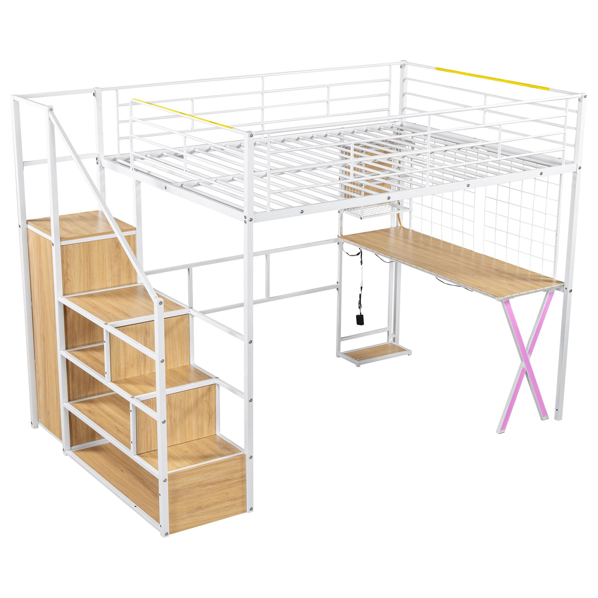 HZXINKEDZSW Full Size Metal Loft Bed with Built-in Work Station,Wardrobe,Storage Staircase and LED,Modern Bed Frame with Safety Guardrail for Kids Teen Girls Boys Bedroom Furniture (White-05, Full) HZXINKEDZSW