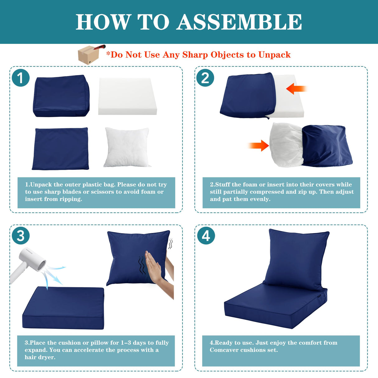 Comcaver Outdoor Chair Cushions 24x24 Inch, Waterproof Fade Resistant Deep Seat and Backrest Cushion Set for Patio Furniture, Navy, 1 Set Comcaver