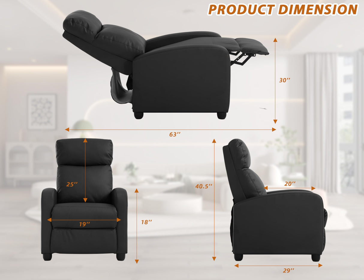Leather Recliner Chair,Movie Theater Chairs,Single Sofa Chair Pu Leather With Footrest,Wall Hugger Recliners Chairs For Adults,Lounge Chair Indoor Recliner Chair Armchair For Living Room,Bedroom-BLACK Ckofgdsue