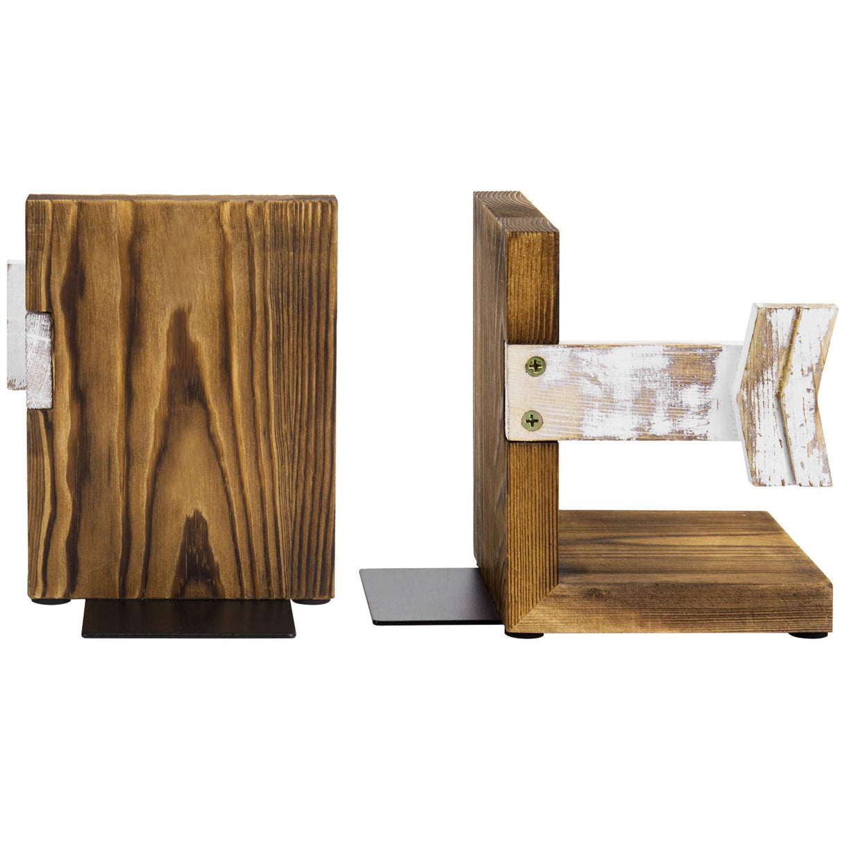 MyGift Rustic Book End, Whitewashed Arrow Design and Burnt Dark Brown Wood Tabletop Bookend Support Stands, Set of 2 MyGift