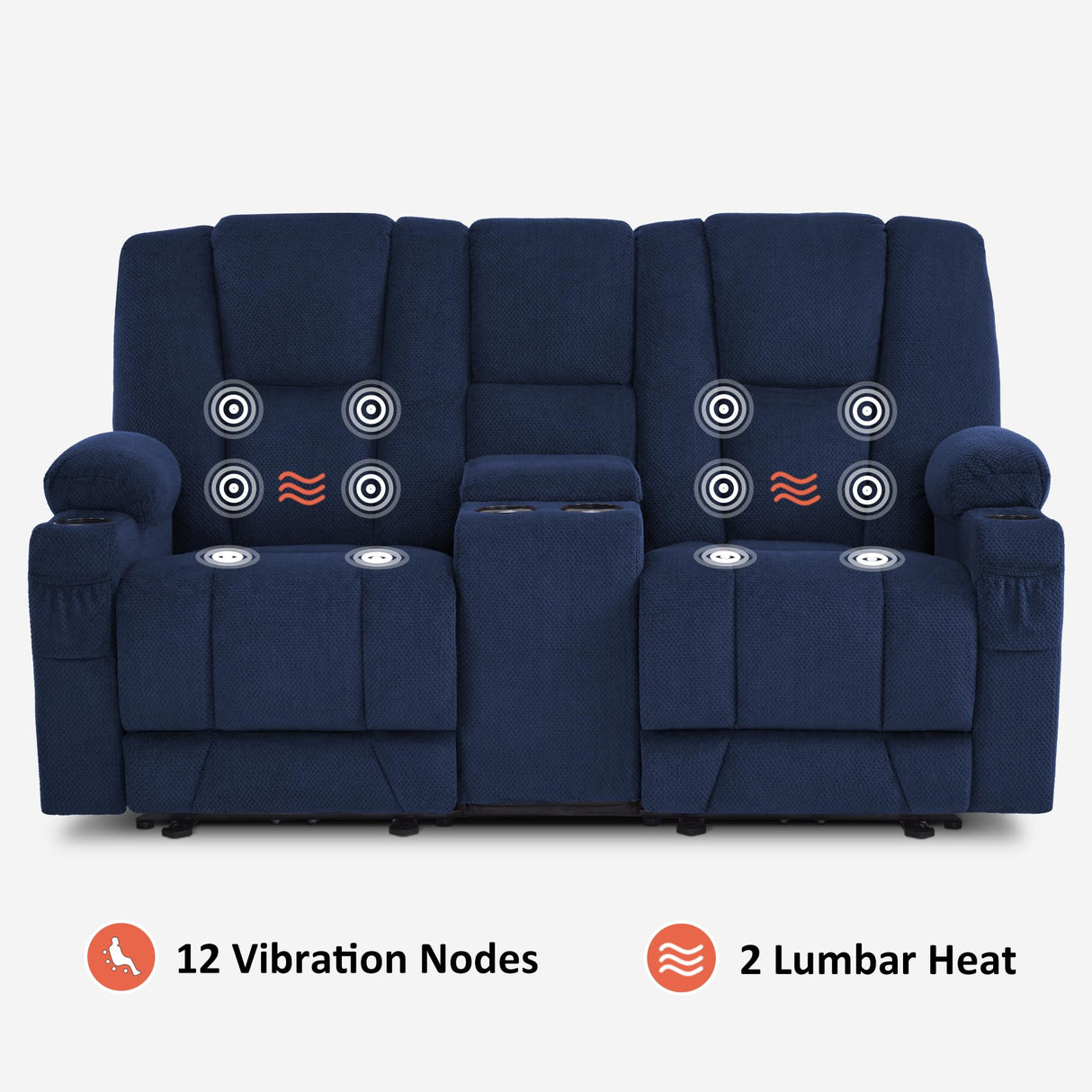 MCombo 74.4" Zero Gravity Power Loveseat Recliner with Console, Heat and Vibration Massage, Reclining Loveseat Sofa with USB Ports, Cup Holders for Living Room, Fabric 6035SET (Navy Blue) MCombo