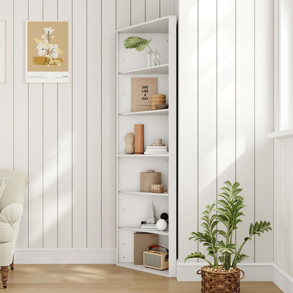 Furnify 6 Tier Corner Shelf with Adjustable Shelf, 68" Tall Corner Bookshelf Bookcase, Freestanding Corner Display Storage Shelf for Living Room, Office, Kitchen, Bath Room,Small Space, White Furnify