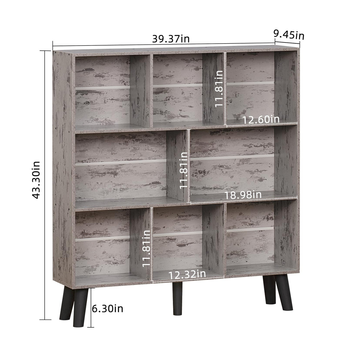 LEYAOYAO 8 Cube Bookshelf,3 Tier Bookcase with Legs,Modern Grey Mid-Century Bookshelves,Large Farmhouse Open Storage Organizer Shelf, Retro Wooden Display Book Case for Bedroom,Living Room,Office LEYAOYAO