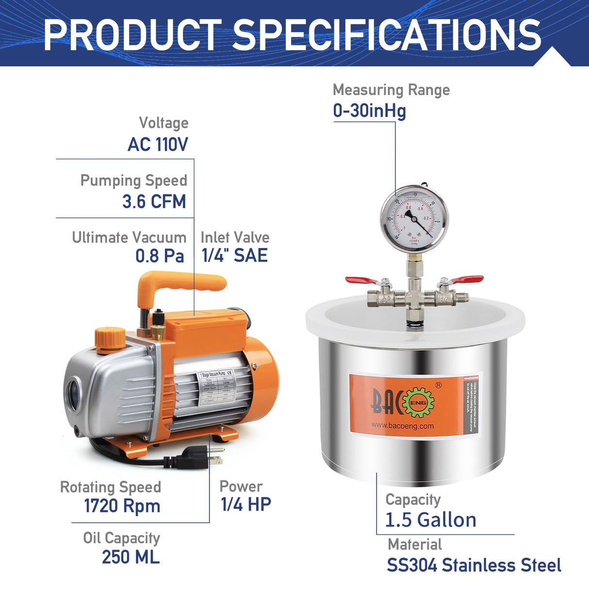 BACOENG 1 1/2 Gallon 3.6 CFM Vacuum Chamber with Pump, Degassing Vacuum Chamber Kit for Resin BACOENG