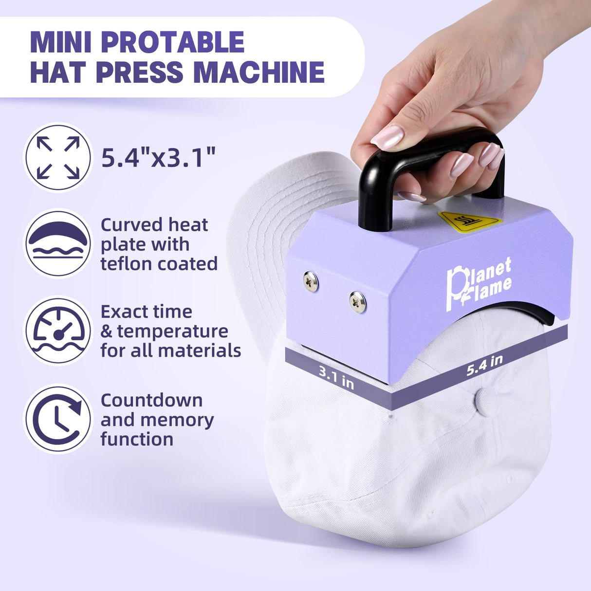 PlanetFlame Hat Press, Mini Hat Press Heat Machine for Caps Hats with 5.4" * 3.1" Curved Teflon Coated Heat Plate & Safety Base for Heat Transfer Vinyl, Sublimation and DIY Projects, Purple PlanetFlame