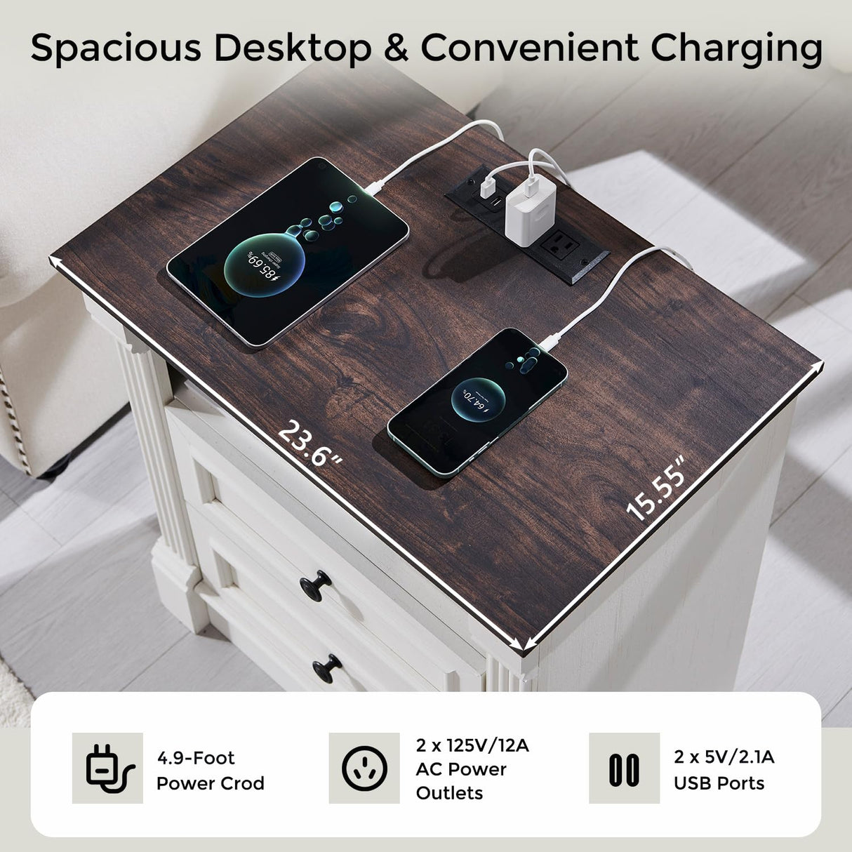 Aitjunz 26" Tall Farmhouse Nightstand Set of 2, 3 Drawers End Table w/Charging Station, 23.6" Wide Large Side Table w/Roman Column, Wood Rustic Sofa Table for Bedroom, White Aitjunz