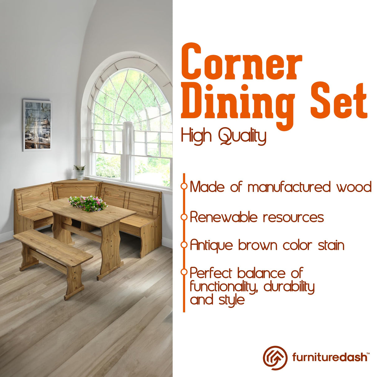 Furniture Dash Solid Wood Corner Dining Set 64.8" W x 19.9" D x 33.4" H- Farmhouse Table and Bench Set, Farmhouse Furniture for Dining Room - Corona Collection Furniture Dash
