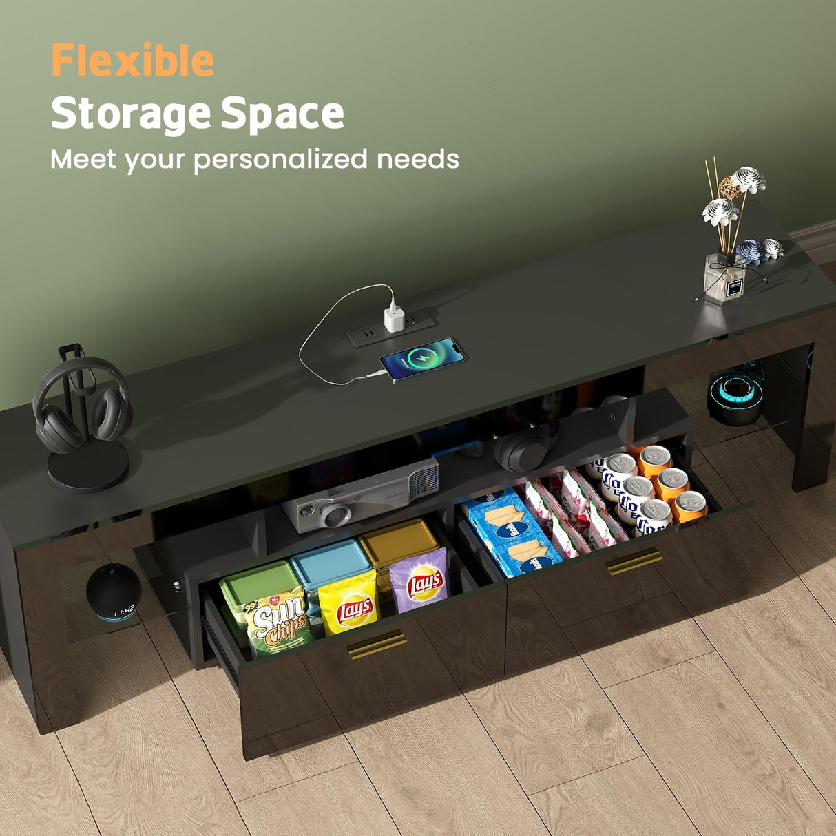 Lamtor TV-Stand with Mount 75 inch - LED TV Stand with Power Outlet & Drawers, Modern Entertainment Center with Mount for Living Room, Bedroom, Black Lamtor