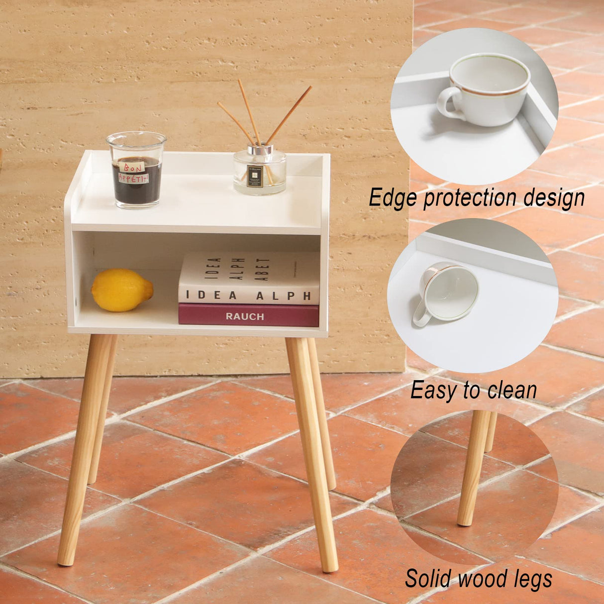 MaxSmeo White Nightstand, Small Bed Side Table for Small Spaces,Mid Century Modern Nightstand End Table with Storage and Solid Wood Legs for Bedroom Living Room(White) MaxSmeo