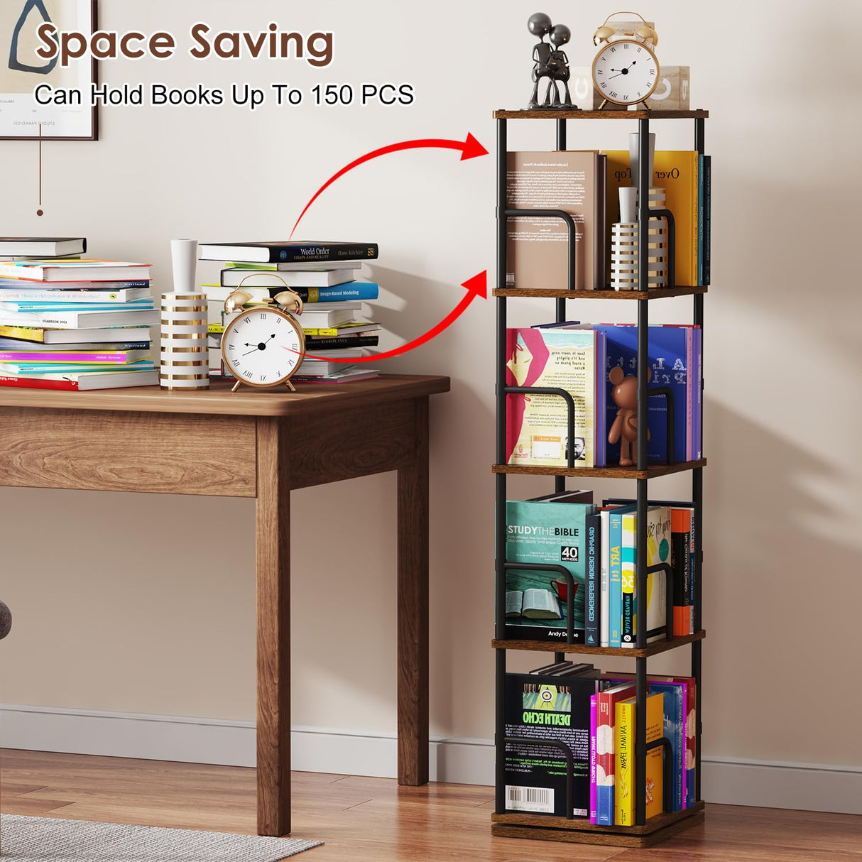 Rotating Book Shelf, 4 Tier Small Narrow Corner Bookshelf Bookcase For Small Spaces, Floor Standing Little Square Bookshelves Bookcases For Bedroom/Living Room, Sturdy, 120 Books Capacity,Retro Rustic Cidaziya