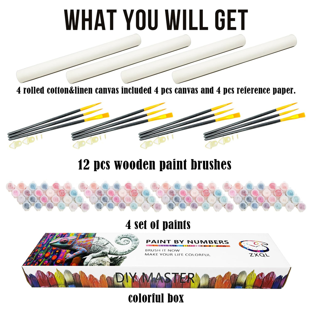 ZXQL 4 Pack Unicorn Paint by Numbers Kit for Adults Beginners, 12" Wx16 L Paint by Numbers for Adults Rolled up Canvas for Painting Home Decor Creative Wall Art with Nice Gift Box ZXQL