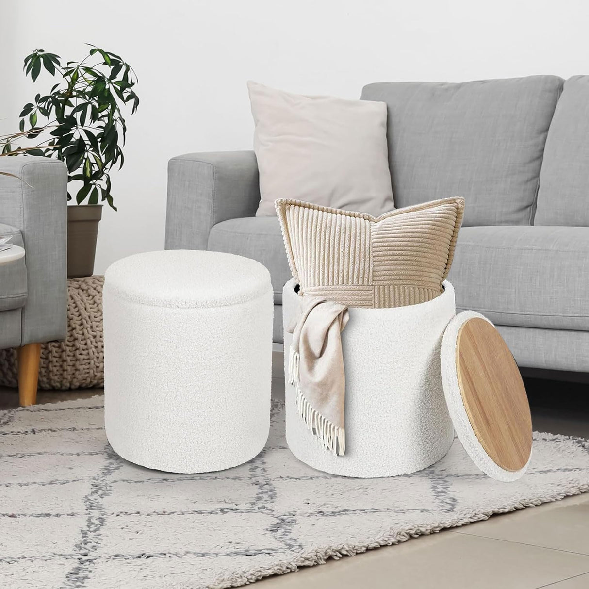 Ottoman Poufs with Storage, Set of 2 Soft Upholstered Vanity Stool,Multifunctional Ottomans Coffee Table Padded Seat Foot Rest for Living(White, Pack of 2) Cmishe