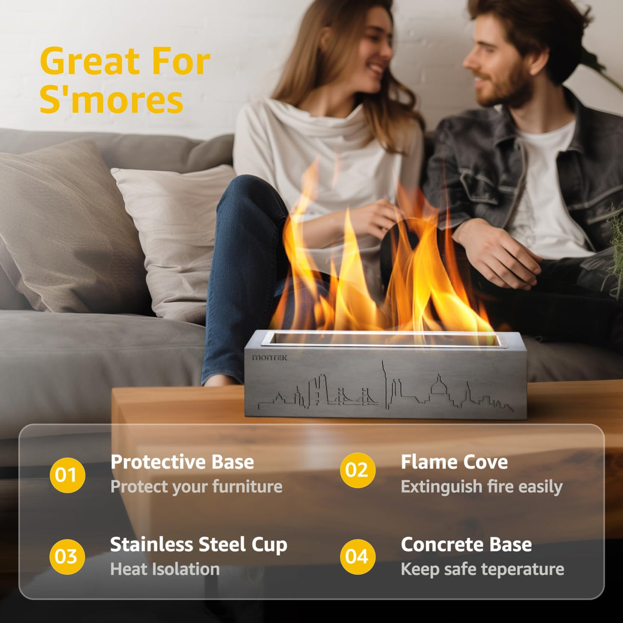 monTEK Tabletop Fire Pit, Concrete Table Top Firepit Indoor Outdoor Decor, Table Top Portable Rubbing Alcohol Fireplace Smores Maker Long Time Burning Smokeless for Patio Balcony with Extinguisher monTEK