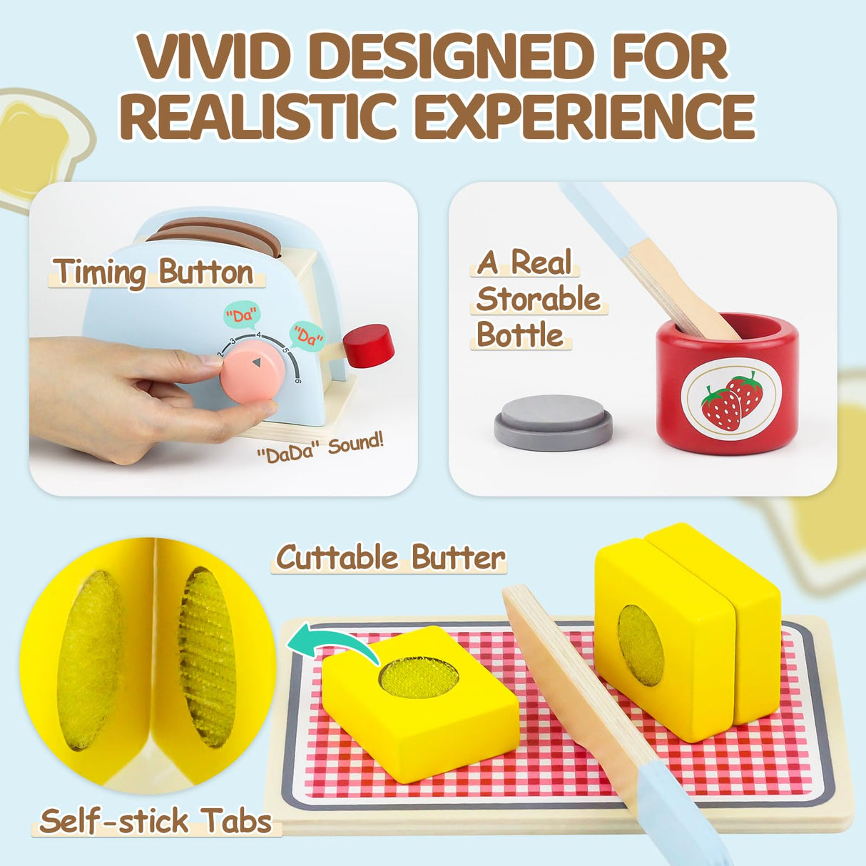 Airlab Wooden Pop-up Toaster Toy Play Kitchen Accessories Play Food Bread, Butter, Poached Egg Cutting Pretend Toys for 3 4 5 Year Old Toddlers Boys Girls Airlab