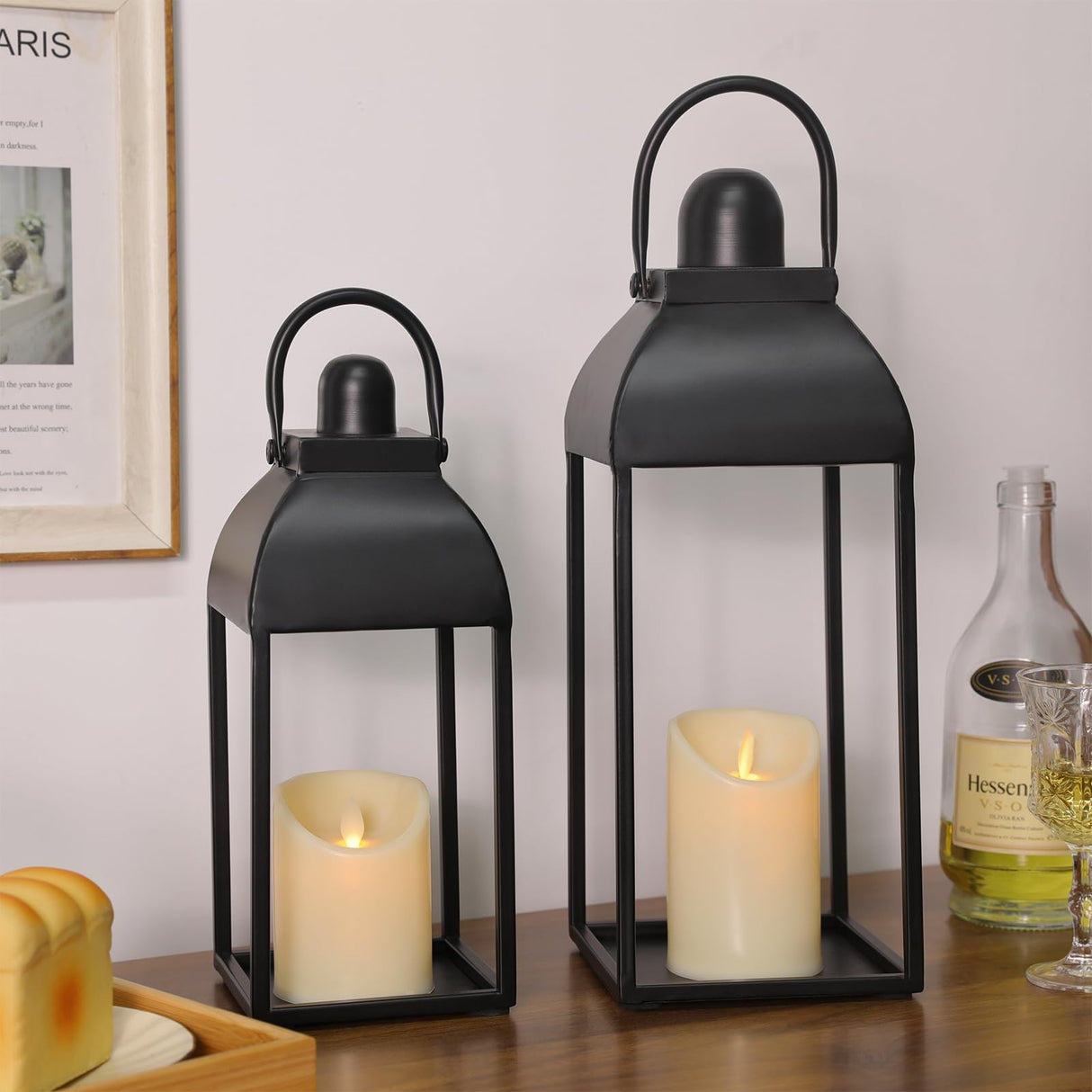 MATAHUM Lanterns Decorative Outdoor Indoor, Black Metal Outdoor Lanterns, 17'' 13'' Set of 2 Modern Farmhouse Candle Lantern Halloween Lanterns Centerpieces for Home, Wedding, Patio, Porch, Mantel MATAHUM