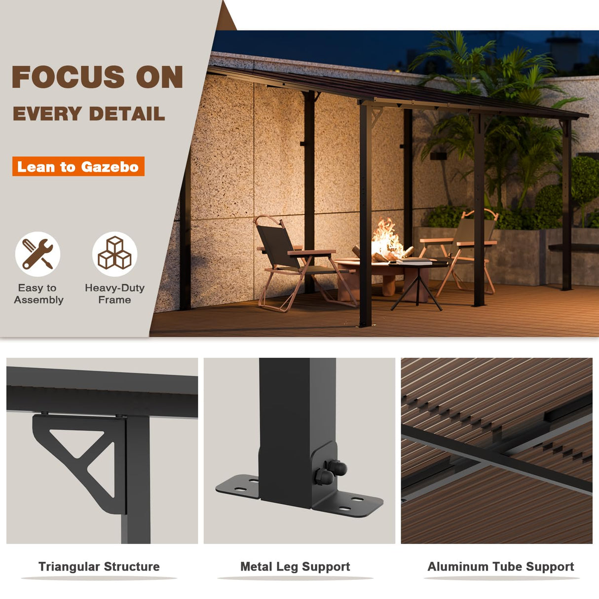 EBE 14' x 10' Gazebo, Hardtop Lean to Gazebo with Sloped Roof, Large Wall Mounted Gazebo Pergola, Metal Awning for Patio, Decks, Backyard EBE