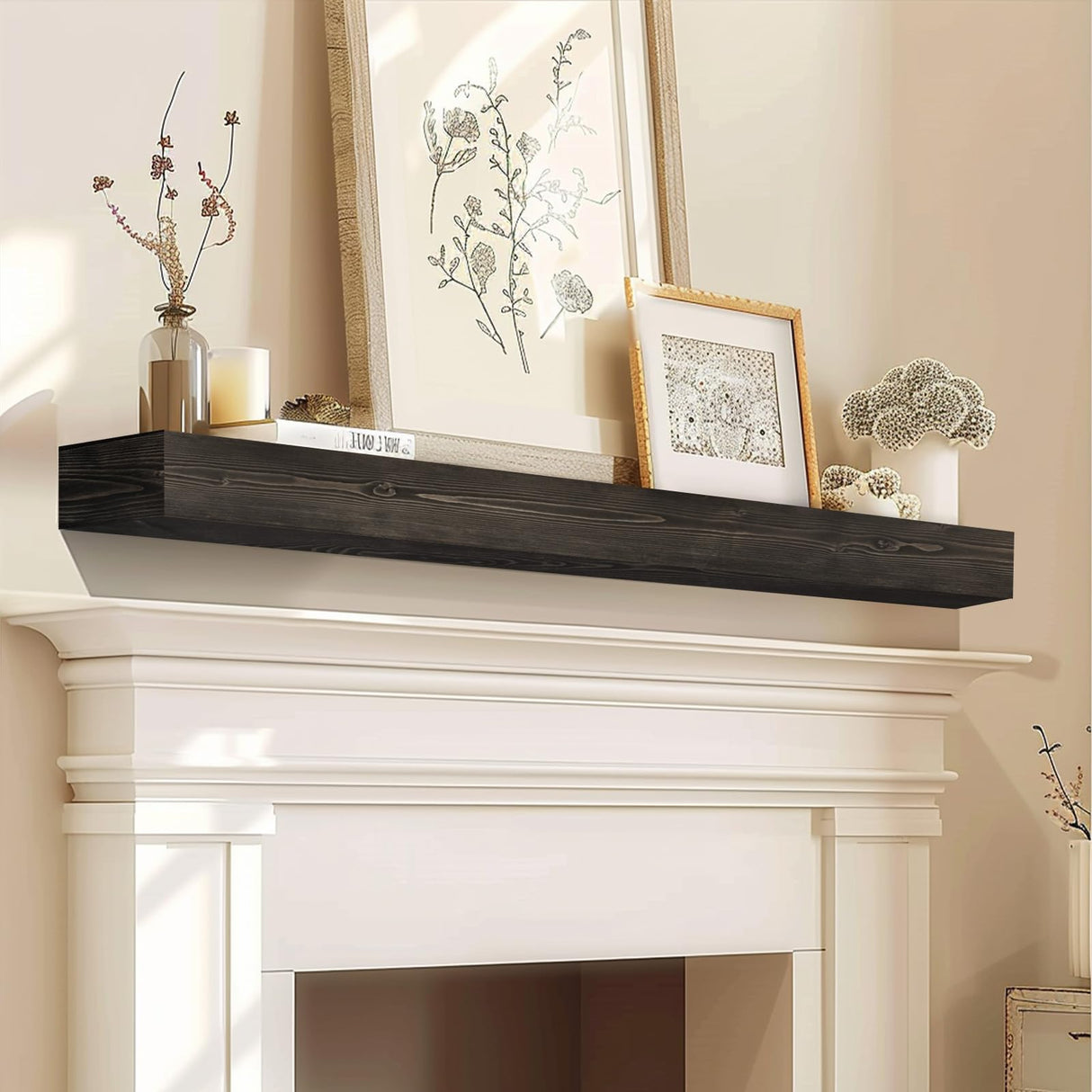 YLYHSST Fireplace Mantel Handmade, 3'' Thick Wall Decor Long Floating Shelf, 60inch Rustic Wood Shelf with Invisible Brackets, Black YLYHSST